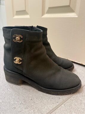 CHANEL Black Suede Ankle Booties with Gold CC Buttons